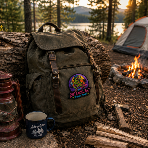 An olive green canvas backpack with brown leather straps and a colorful 'Be Excellent To World Out More' patch, set on a log at a campsite next to a lantern, mug, and fire.