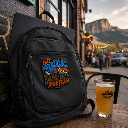 A black canvas backpack with a colorful 'Go Buck & Fuffalo' embroidered patch on the front pocket, set on a wooden table next to a glass of beer at an outdoor bar, with a blurred mountain street scene in the background.