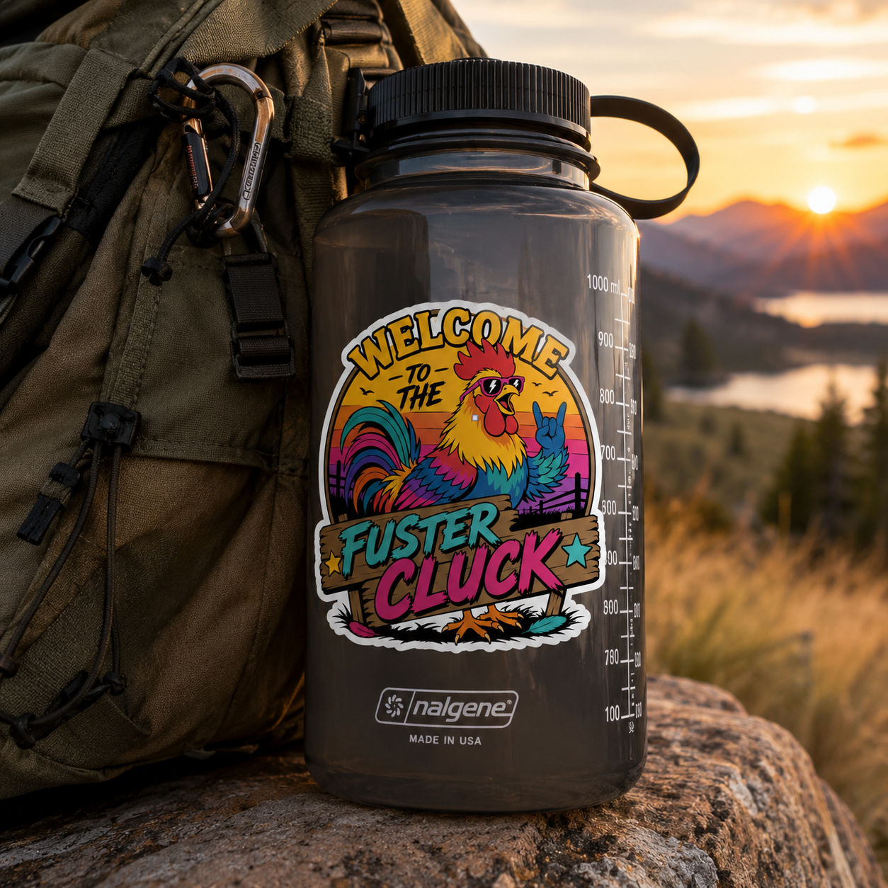 A dark gray Nalgene water bottle with a colorful 'Welcome to the Fuster Cluck' rooster sticker, resting on a rock next to an olive green backpack with a mountain sunset background.