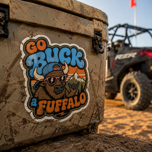 A close-up of a muddy beige cooler with a colorful 'Go Buck a Fuffalo' sticker on the side, with an off-road vehicle blurred in the background outdoors.