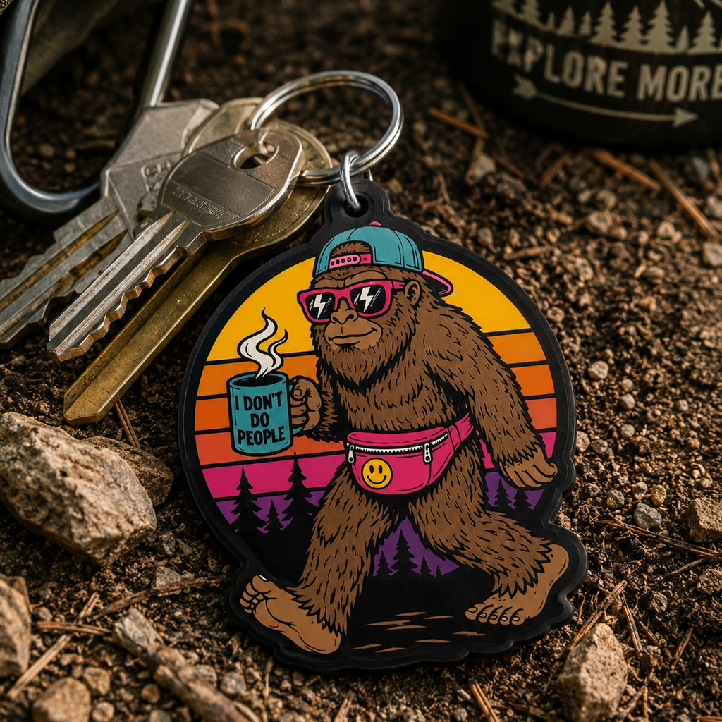 Sasquatch keychain shown on a set of keys beside a camp mug on a forest floor